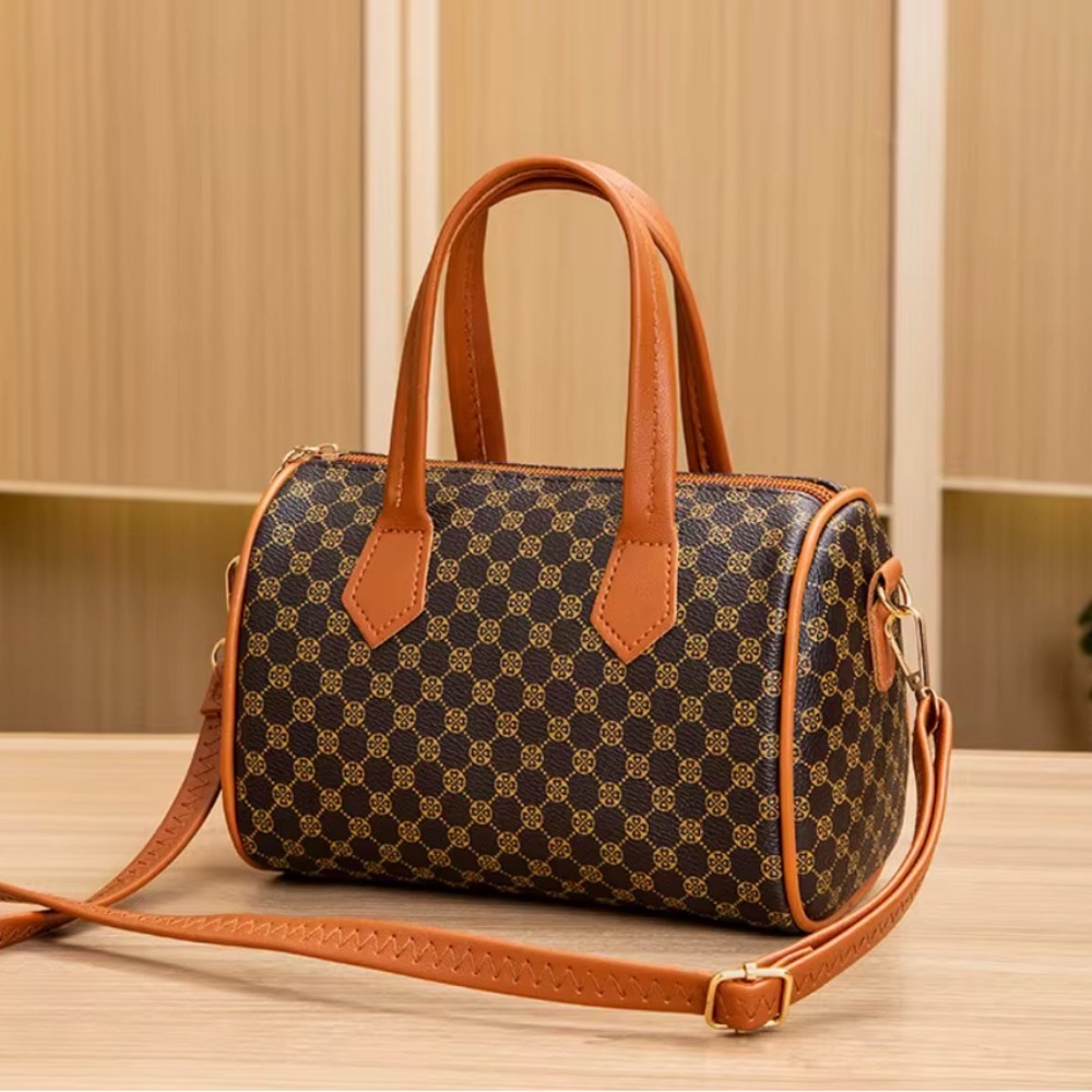 Brown Patterned Handbag with Tan Accents